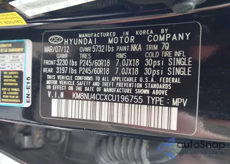 2012 Hyundai Veracruz Limited from USA, damaged, VIN KM8NU4CCXCU196755